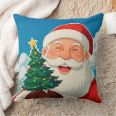 Joyful Santa Claus Holding a Small Christmas Tree クッション (ブランケット)