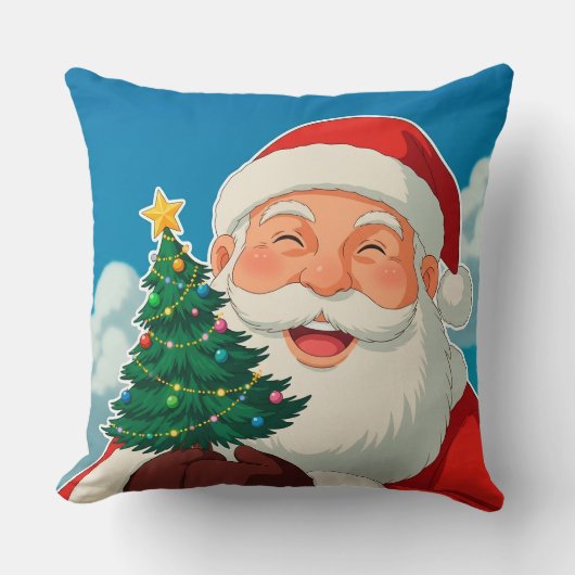 Joyful Santa Claus Holding a Small Christmas Tree クッション (正面)