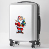 Joyful Santa Claus Holding a Small Christmas Tree シール (スーツケース)