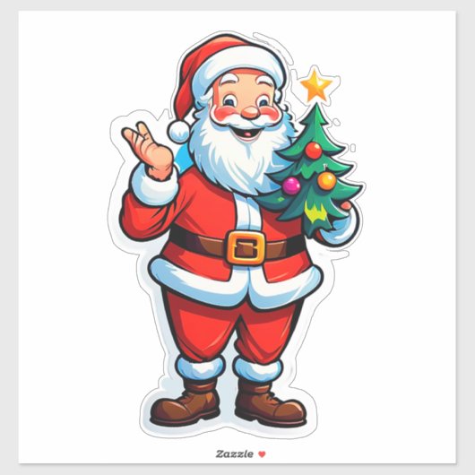 Joyful Santa Claus Holding a Small Christmas Tree シール (シート)