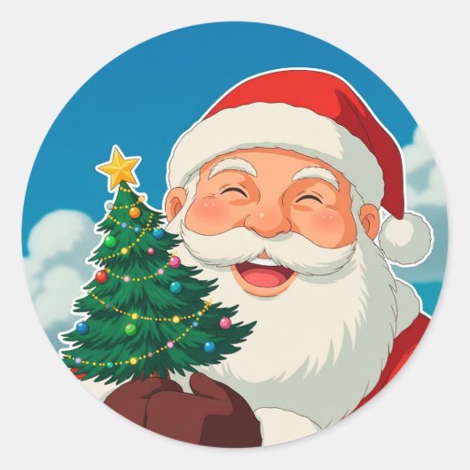 Joyful Santa Claus Holding a Small Christmas Tree ラウンドシール (正面)