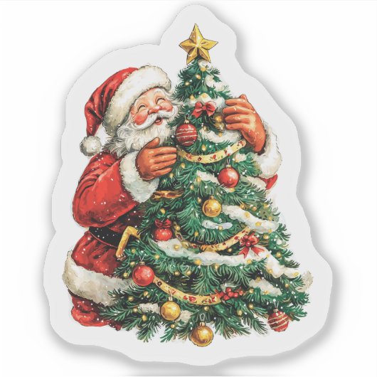 Joyful Santa Decorating a Festive Christmas Tree シール (正面)