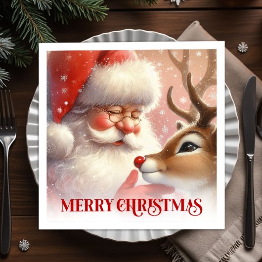 Joyful Santa Rudolph Festive Table Napkins スタンダードカクテルナプキン