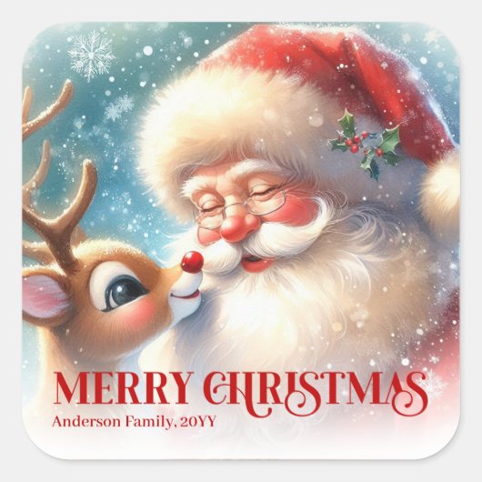 Joyful Santa Rudolph Personalized Christmas Kids   スクエアシール (正面)