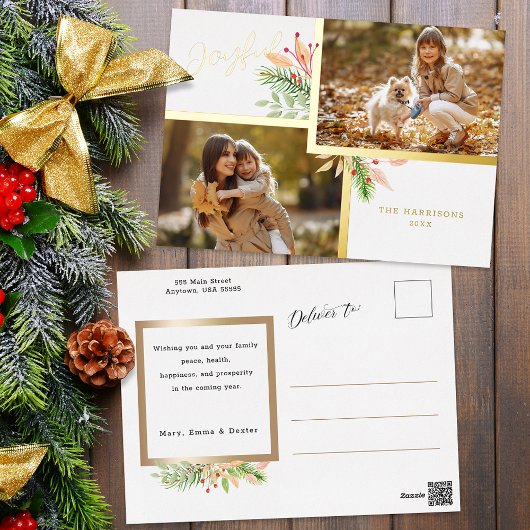 Joyful Script Botanical 2-Photo w金ゴールド・フレーム 箔シーズンポストカード