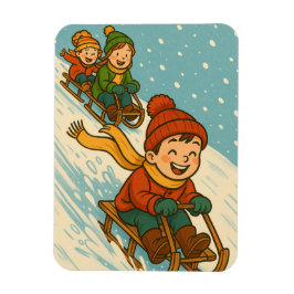 Joyful Sled Ride – Cute Kids Sleigh Riding Winter マグネット
