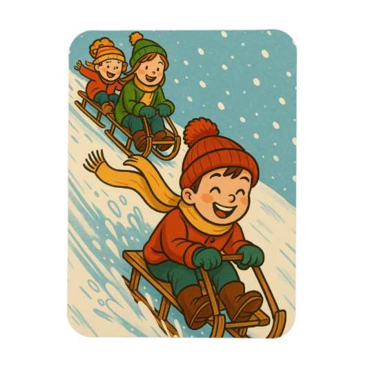 Joyful Sled Ride – Cute Kids Sleigh Riding Winter マグネット (縦)