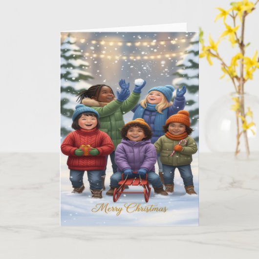 Joyful Snow Day – Kids Christmas Greeting Card カード (黄色い花)