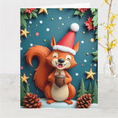 Joyful Squirrel with Acorn Ornament Christmas Art カード (黄色い花)