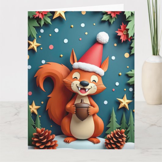 Joyful Squirrel with Acorn Ornament Christmas Art カード (正面)