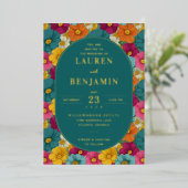 Joyful Teal Floral Wedding Invitation 箔招待状 (立ち正面)