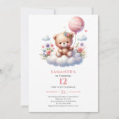 Joyful teddy bear floral balloon birthday invites 招待状 (正面)
