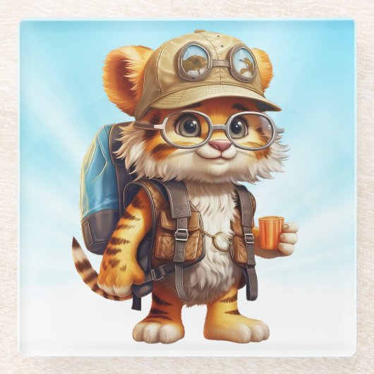 Joyful Tiger Cubバックパックとコーヒー ガラスコースター (正面)