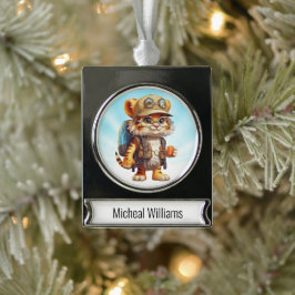 Joyful Tiger Cubバックパックとコーヒー シルバープレートバナーオーナメント