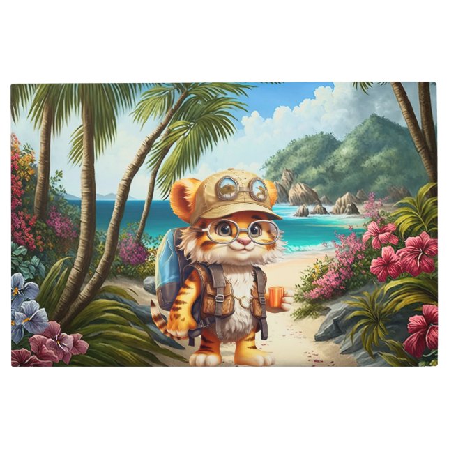 Joyful Tiger Cubバックパックとコーヒー メタルプリント (正面)