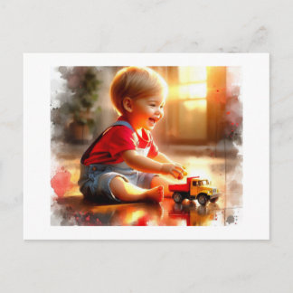 Joyful Toddler Playing With A Toy Truck,  ポストカード