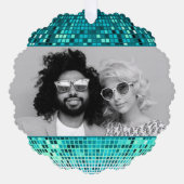 Joyful Vibesレトロディスコボールフォトクリスマス オーナメントカード (正面)