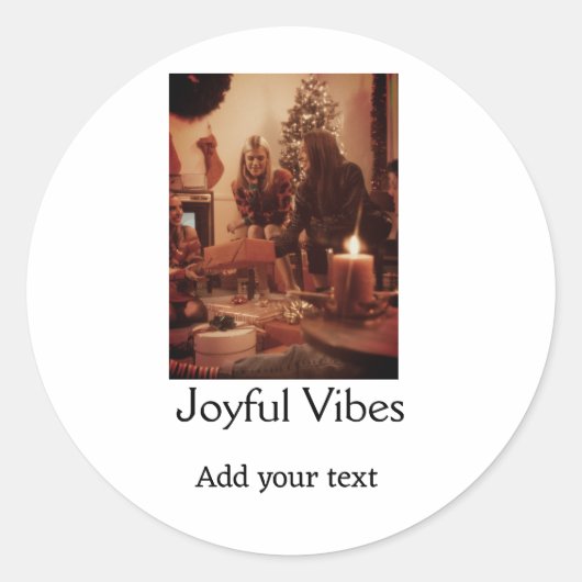 Joyful Vibes ファミリークリスマス 写真 名前 シンプル ラウンドシール (正面)