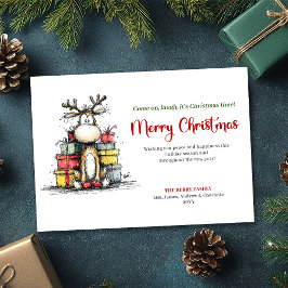 Joyful Whimsical Reindeer Holiday Greeting Card シーズンカード