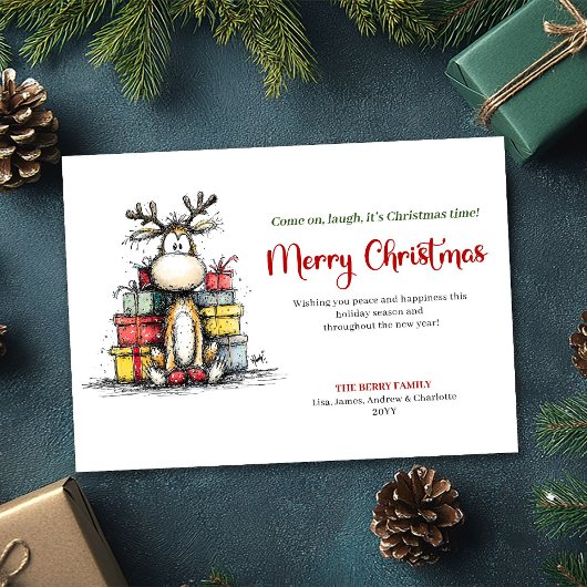 Joyful Whimsical Reindeer Holiday Greeting Card シーズンカード
