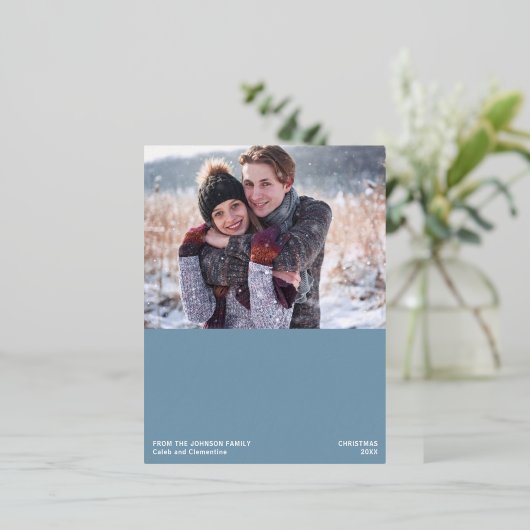 Joyful Wishesクリスマスフォトウィンターブルーシルバー 箔シーズンポストカード (立ち正面)