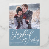 Joyful Wishesクリスマスフォト石板ブルーシルバー 箔シーズンカード (正面)