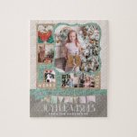 Joyful Wishesクリスマス6カスタムフォトコラージュ ジグソーパズル<br><div class="desc">モダン&シック喜びの願いクリスマス6カスタムフォトコラージュパズル。おもしろいモダンフォント、バラ金ゴールドホイルとティール（緑がかった色）金ゴールドフレームと縁ど、グレーと格子ベースと赤面のスノーフレークの背景を持つのスノーフレークの背景！写真で置き換え、家族や友達にパーソナライズされた特別なクリスマスグリーティングを送ろう！</div>