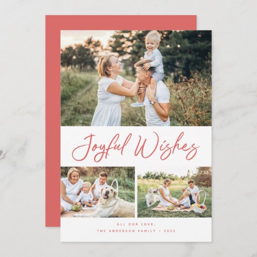 Joyful Wishes赤いスクリプトクリスマスフォトコラージュ シーズンカード (正面/裏面)