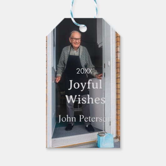 Joyful wishes add name photo man holidays year sim ギフトタグ (正面)