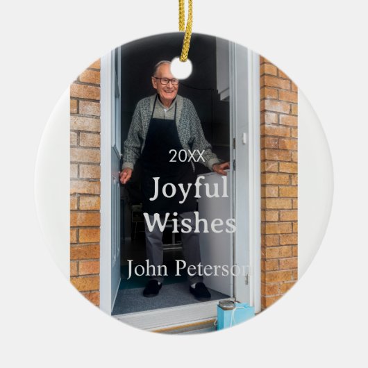 Joyful wishes add name photo man holidays year sim セラミックオーナメント (正面)