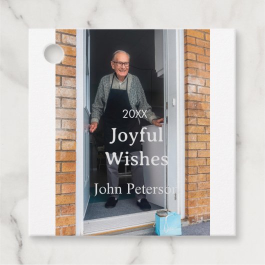 Joyful wishes add name photo man holidays year sim フェイバータグ (正面)