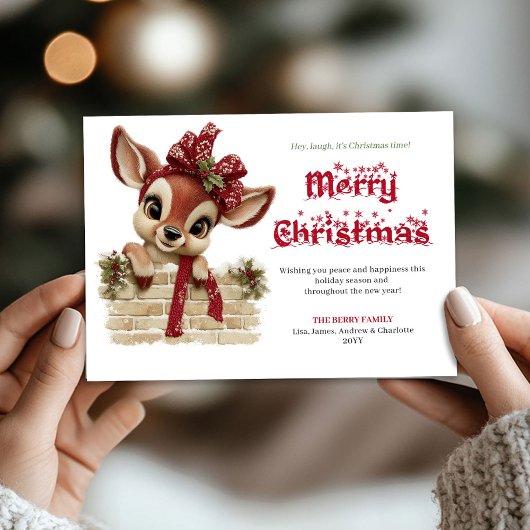 Joyful Xmas peeking baby reindeer winter card シーズンカード