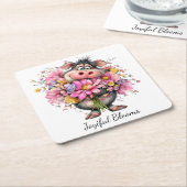 Joyiful Blooms Cute Pig Floral Coaster スクエアペーパーコースター (アングル)