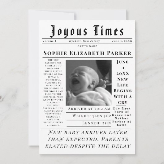 Joyous Newborn Times Birth 案内状 (正面)