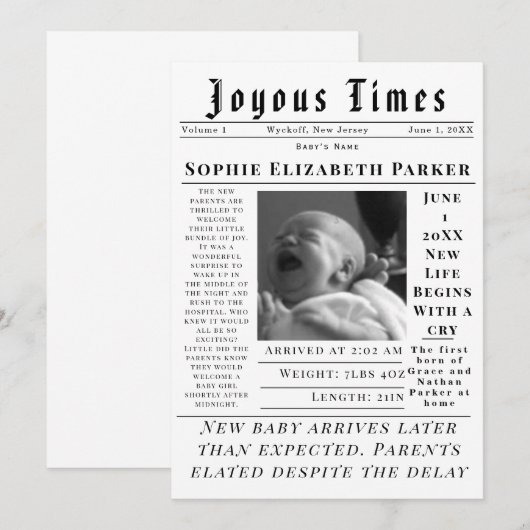 Joyous Newborn Times Birth 案内状 (正面/裏面)