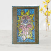 Judaica: モザイクデイヴィッドの白熱Hamsa w/Star カード (黄色い花)