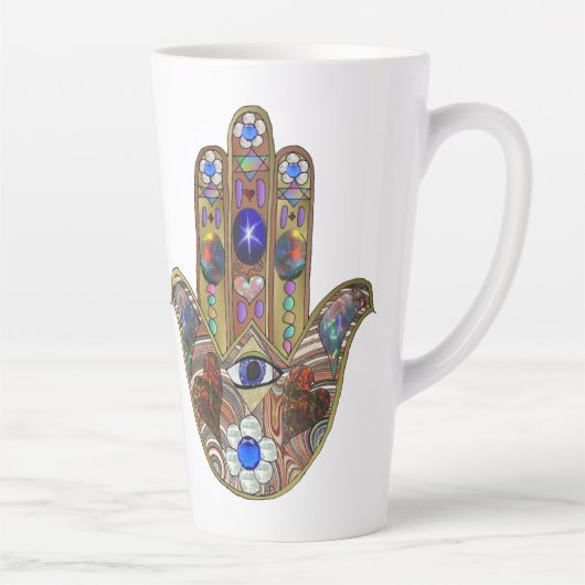 Judaica Hamsa Hearts Flowers Opal Art Print カフェラテマグ (右)