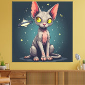 Judging Sphynx Cat UFO Space Cartoon Art キャンバスプリント (インサイチュ (リビング))