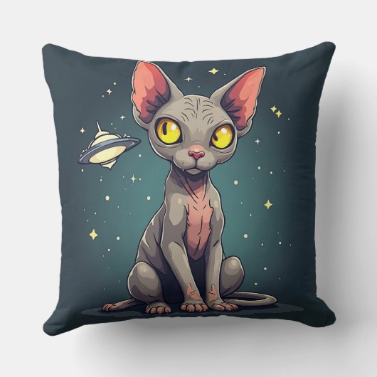 Judging Sphynx Cat UFO Space Cartoon Art クッション (裏面)