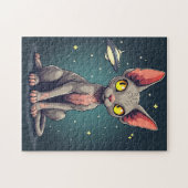 Judging Sphynx Cat UFO Space Cartoon Art ジグソーパズル (横)