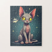 Judging Sphynx Cat UFO Space Cartoon Art ジグソーパズル (縦)