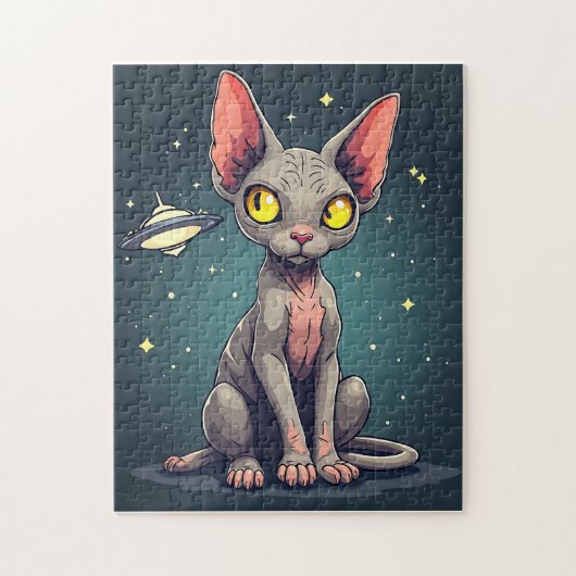 Judging Sphynx Cat UFO Space Cartoon Art ジグソーパズル (縦)