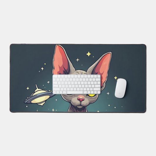 Judging Sphynx Cat UFO Space Cartoon Art デスクマット (キーボード&マウス)