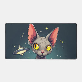 Judging Sphynx Cat UFO Space Cartoon Art デスクマット