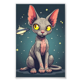 Judging Sphynx Cat UFO Space Cartoon Art フォトプリント