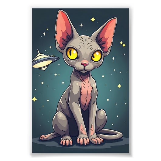 Judging Sphynx Cat UFO Space Cartoon Art フォトプリント (正面)