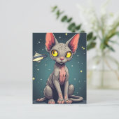Judging Sphynx Cat UFO Space Cartoon Art ポストカード (スタンド正面)