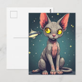 Judging Sphynx Cat UFO Space Cartoon Art ポストカード (正面/裏面)