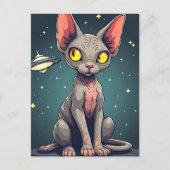 Judging Sphynx Cat UFO Space Cartoon Art ポストカード (正面)