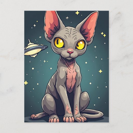 Judging Sphynx Cat UFO Space Cartoon Art ポストカード (正面)